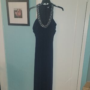 JS Boutique Navy Maxi Dress with Embellished Neckline